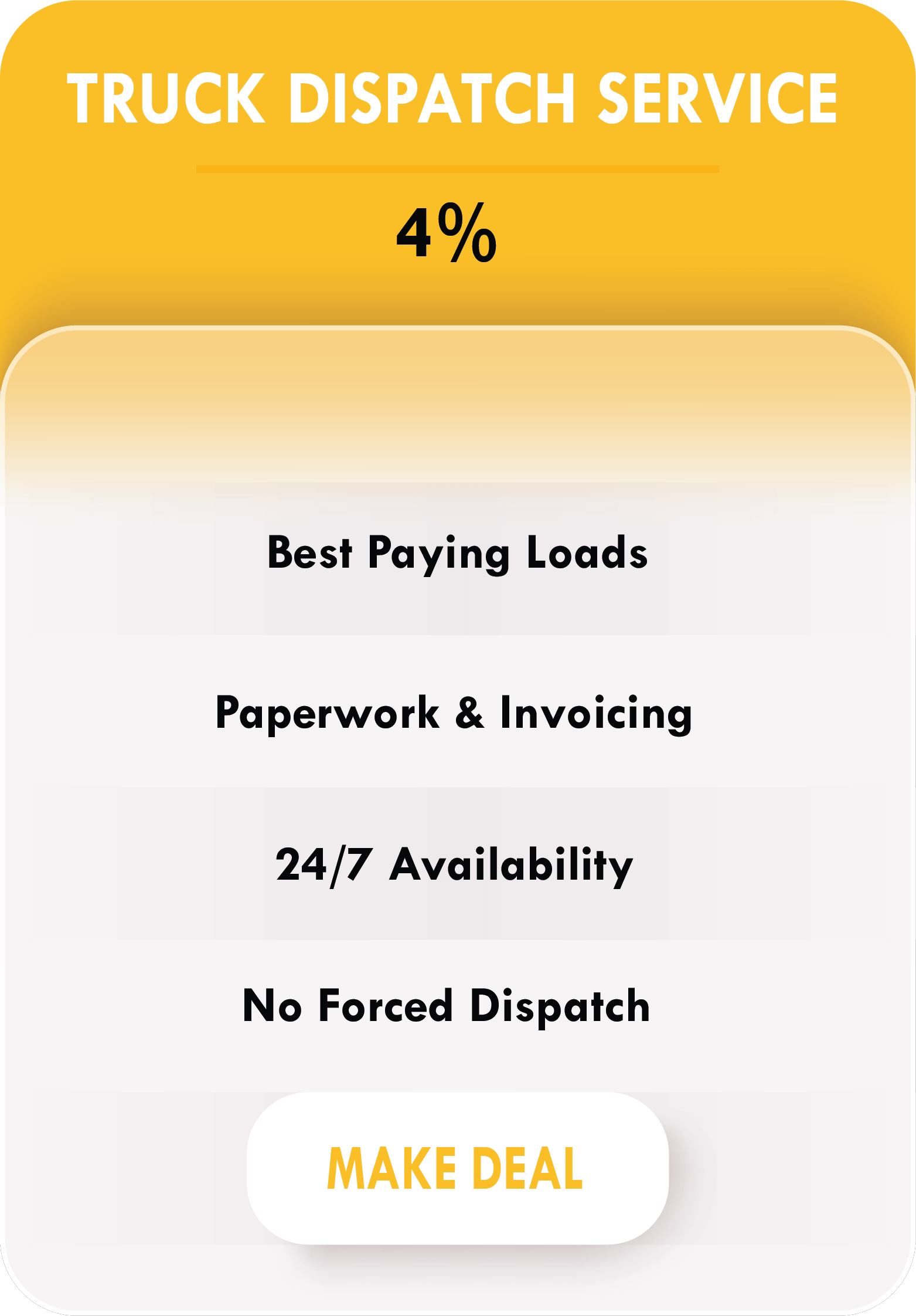 Truck dispatch service at 4 percent, including best paying loads, paperwork and invoicing, 24/7 availability, and no forced dispatch